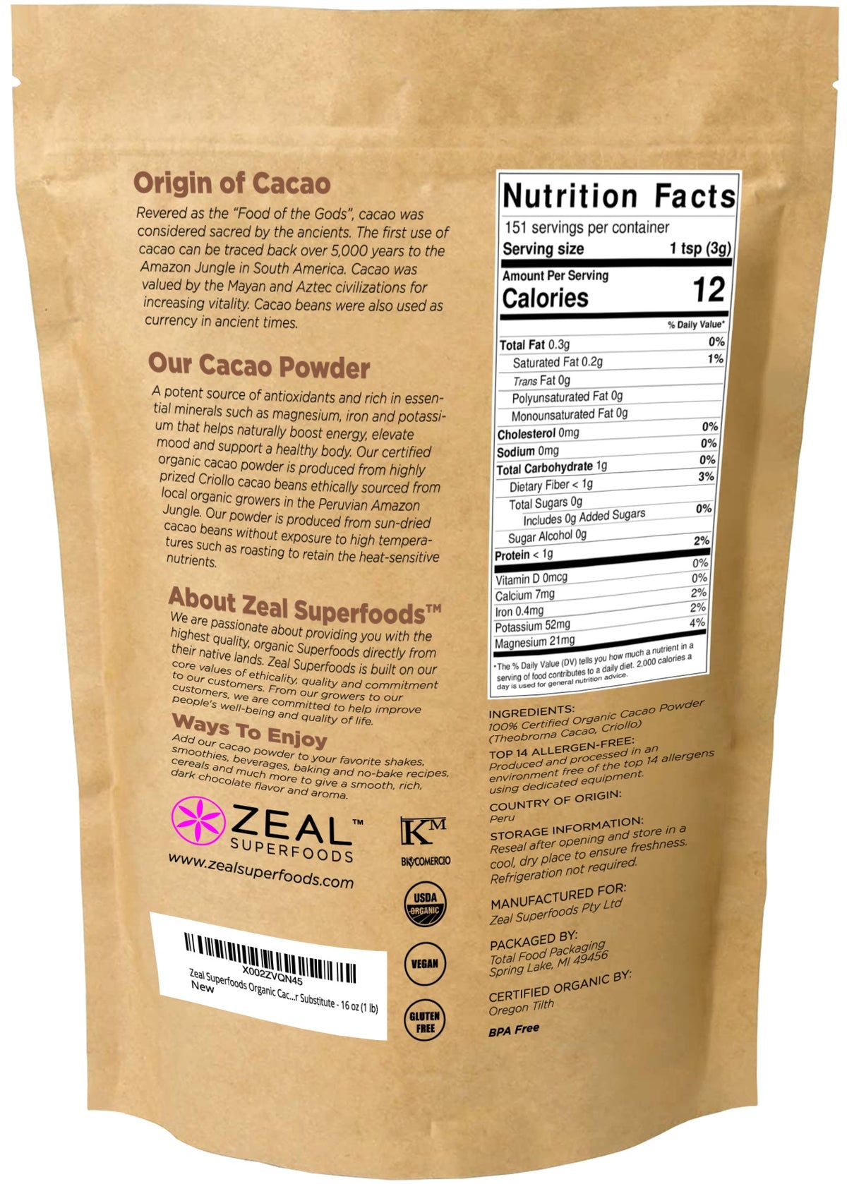 Organic Cacao Powder - 16 oz